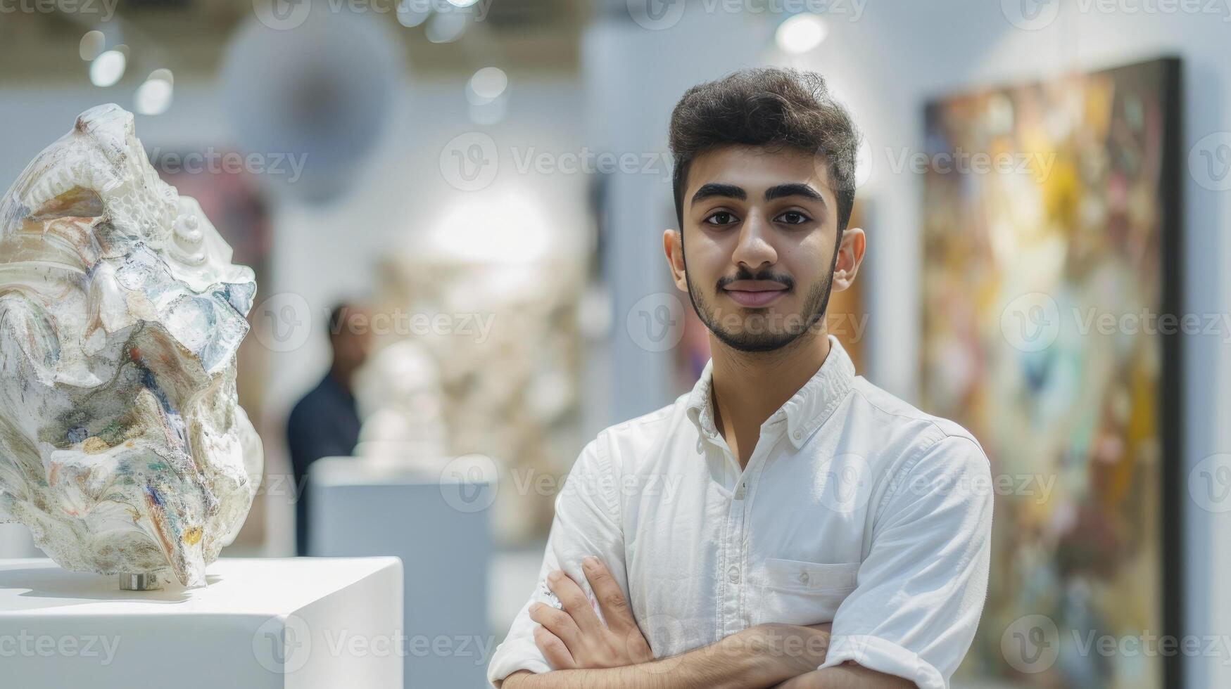 ai generato un' giovane uomo a partire dal il mezzo est, con un' orgoglioso espressione e un' pezzo di scultura, è in mostra il suo opera nel un arte galleria nel dubai, Emirati Arabi Uniti foto
