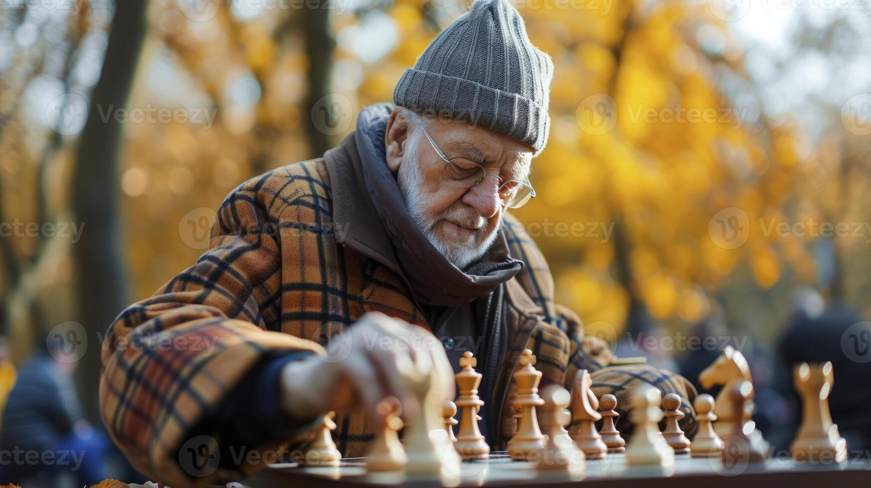 ai generato un anziano europeo uomo è giocando scacchi nel un' parco nel Berlino foto