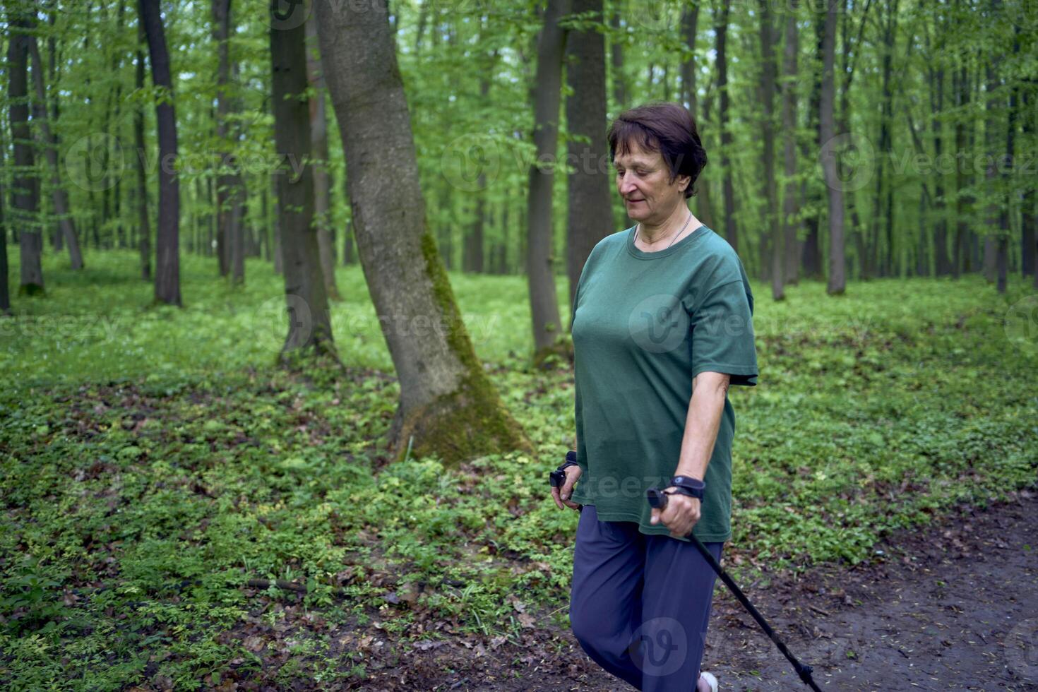 anziano donna è impegnato nel nordico a piedi con bastoni nel il primavera foresta foto