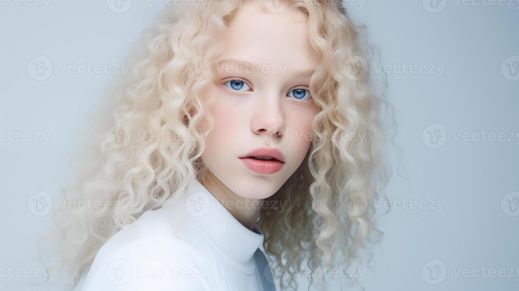 bellissimo albino adolescente ragazza con Riccio capelli, ingenuo facciale espressione e paffuto labbra avvicinamento. naturale bellezza con raggiante salutare pelle. pubblicità di cosmetici, profumi foto