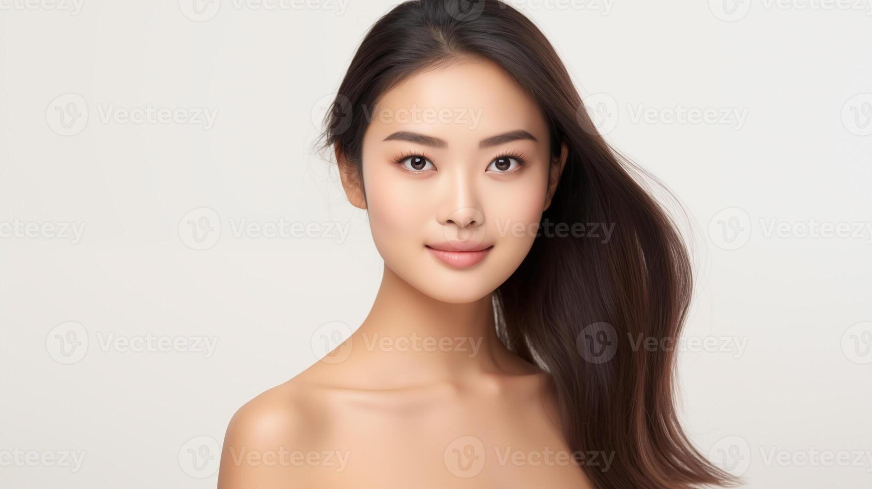 bellissimo giovane asiatico donna con raggiante salutare pelle avvicinamento. pubblicità di cosmetici, profumi, copia spazio foto