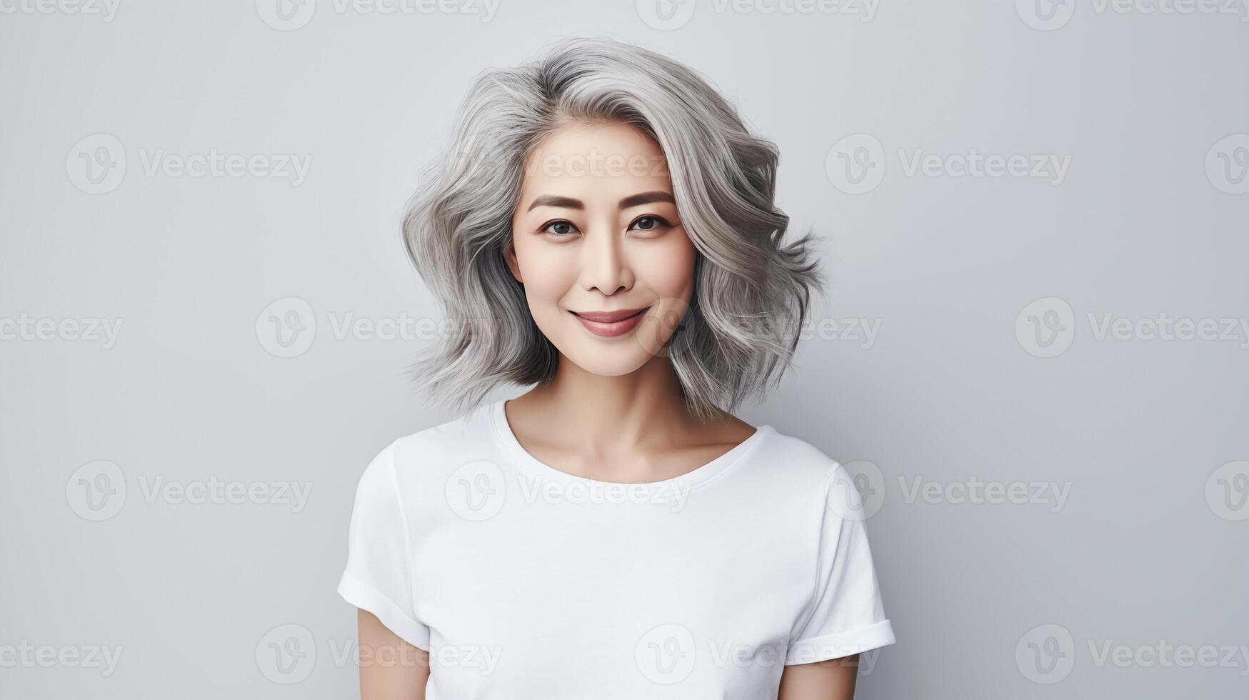 bellissimo anziano asiatico donna con raggiante salutare pelle avvicinamento. pubblicità di cosmetici, profumi, copia spazio foto