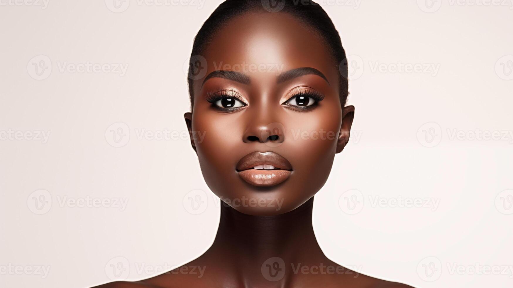 bellissimo giovane nero donna con raggiante salutare pelle avvicinamento. pubblicità di cosmetici, profumi, copia spazio foto