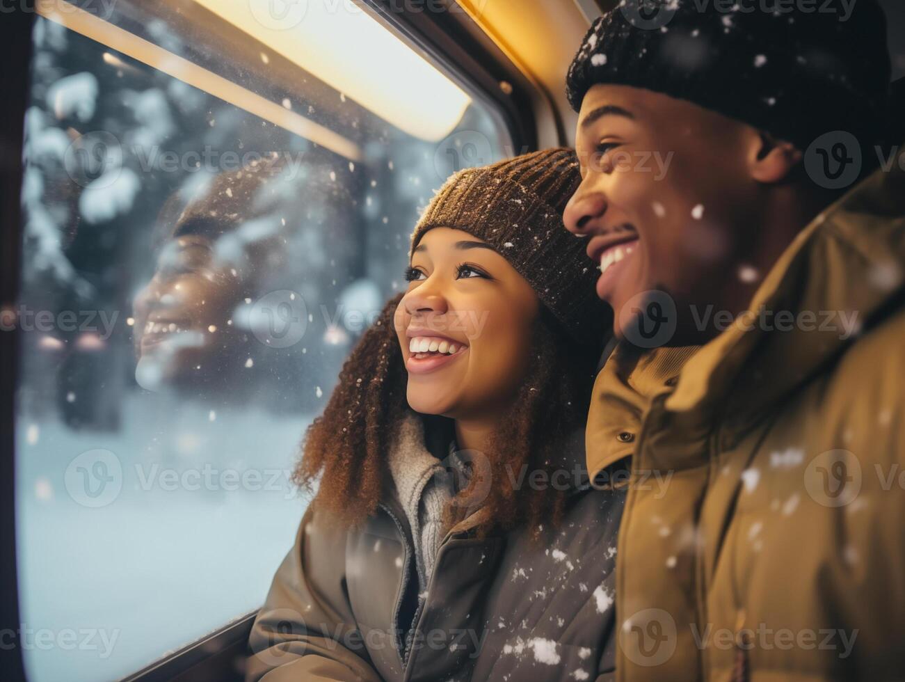 ritratto di giovane nero uomo e donna guardare a il neve attraverso treno finestra foto