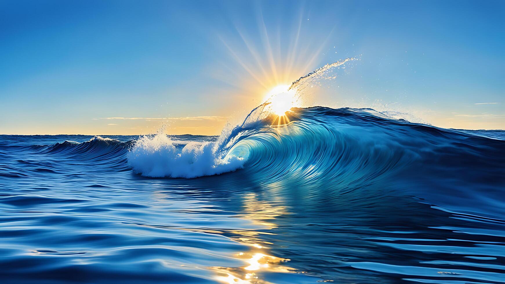 ai generato il sole è splendente al di sopra di un' onda nel il oceano foto