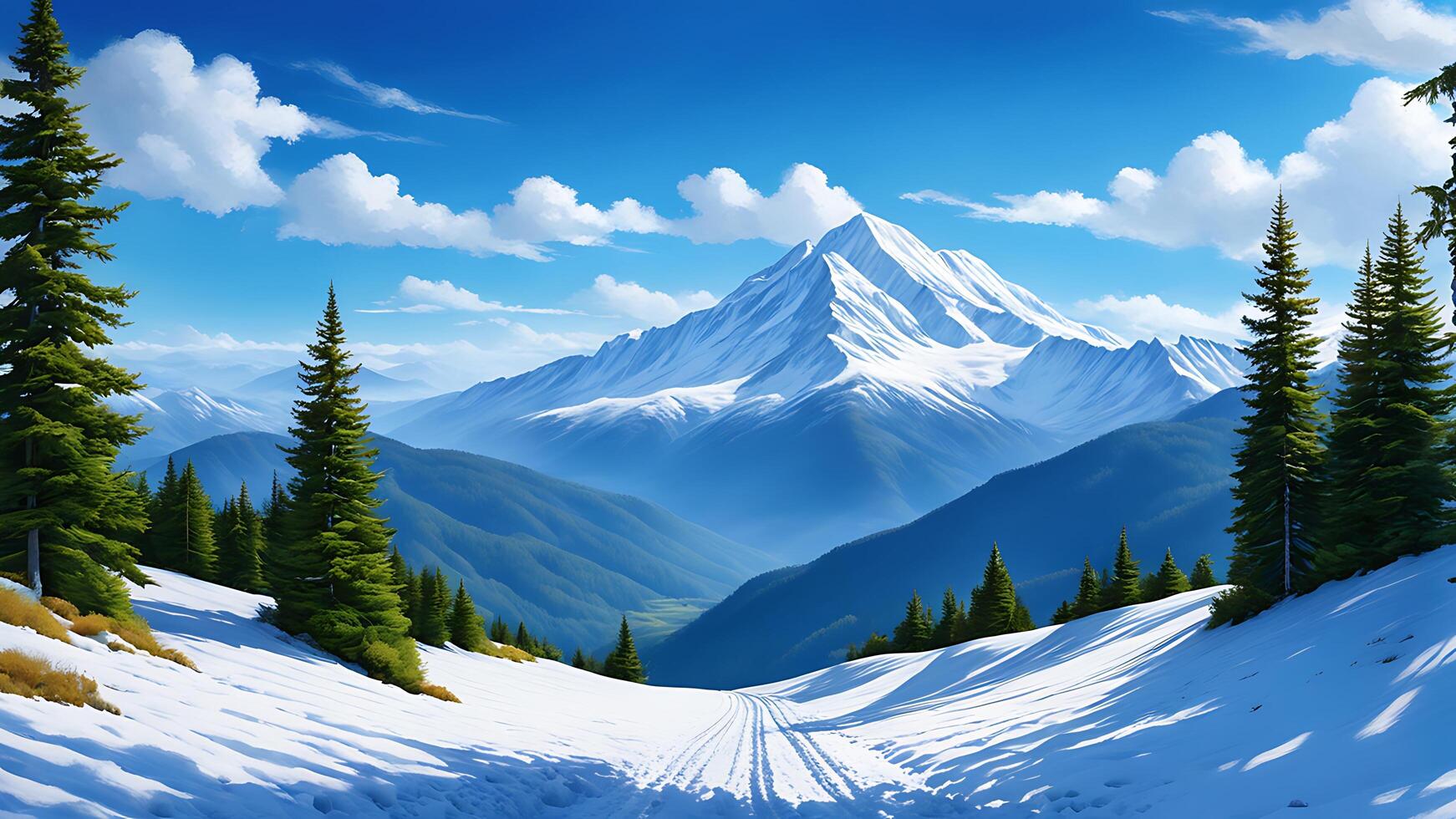 ai generato un' sereno paesaggio con un' innevato sentiero principale per un' montagna, circondato di verde alberi sotto un' blu cielo foto