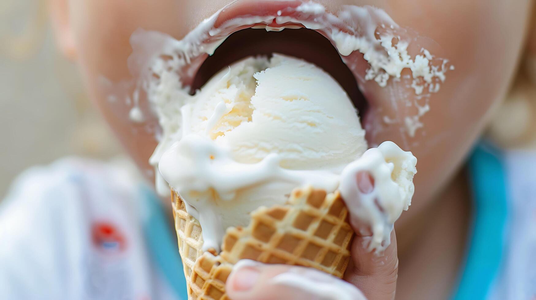 vicino su di poco ragazza mangiare ghiaccio crema nel un' cialda cono. foto