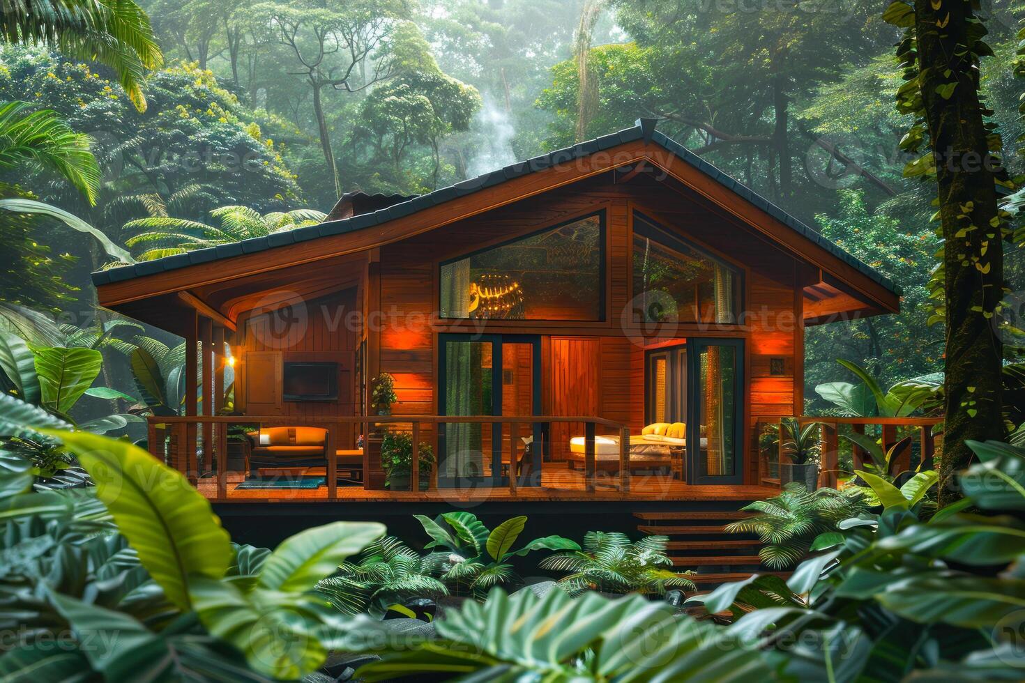 ai generato cabina ritiro nel nebbioso tropicale foresta pluviale foto