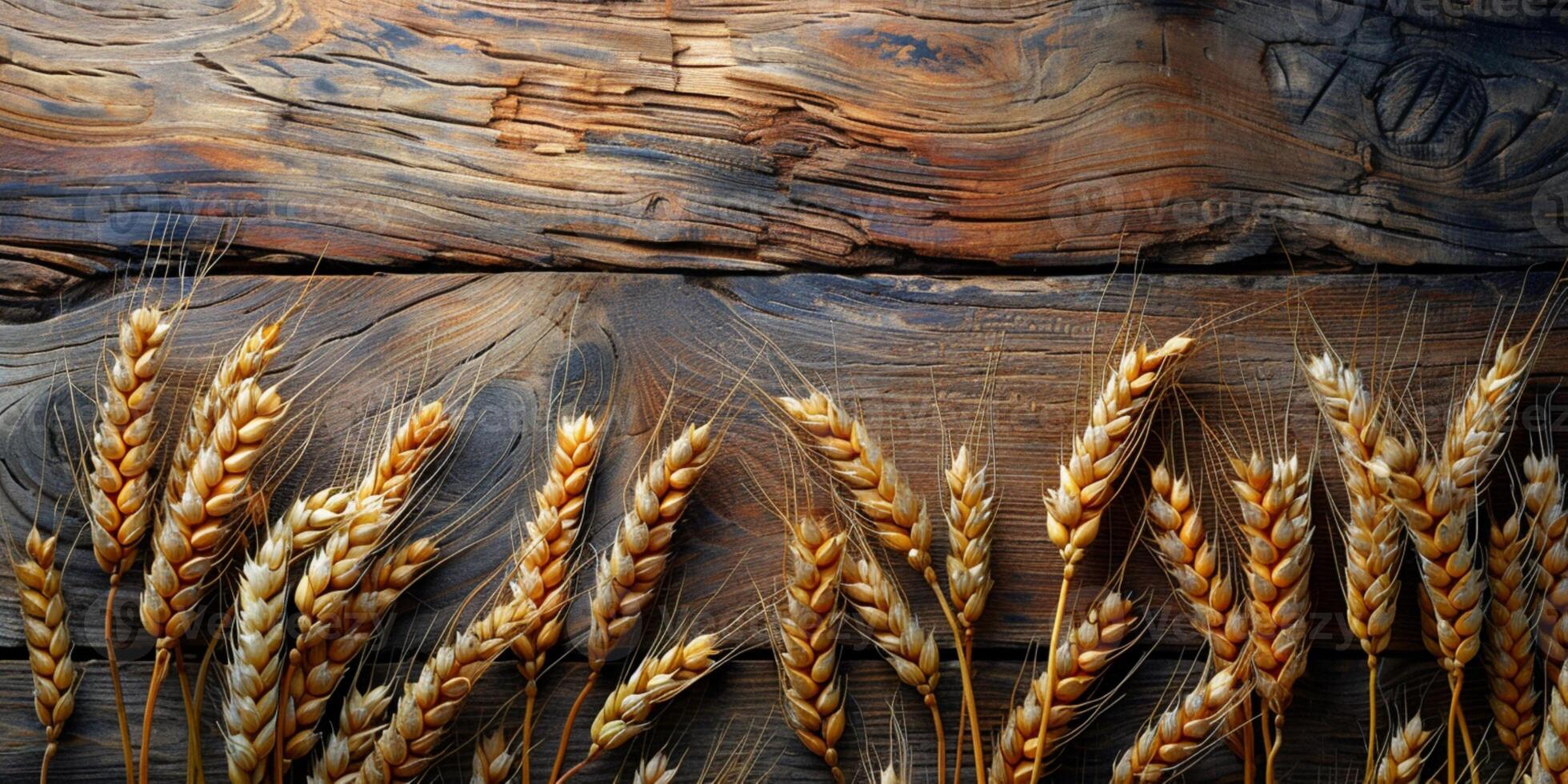 ai generato di legno sfondo con orecchie di grano, eco sfondo foto