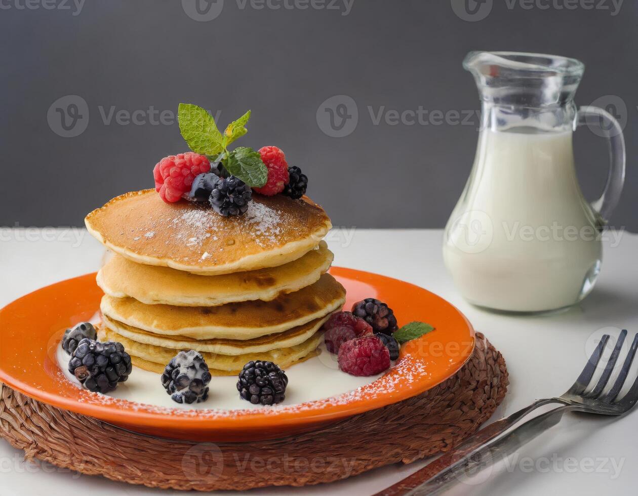 ai generato un' pancake con frutti di bosco e zucchero rivestito su superiore foto