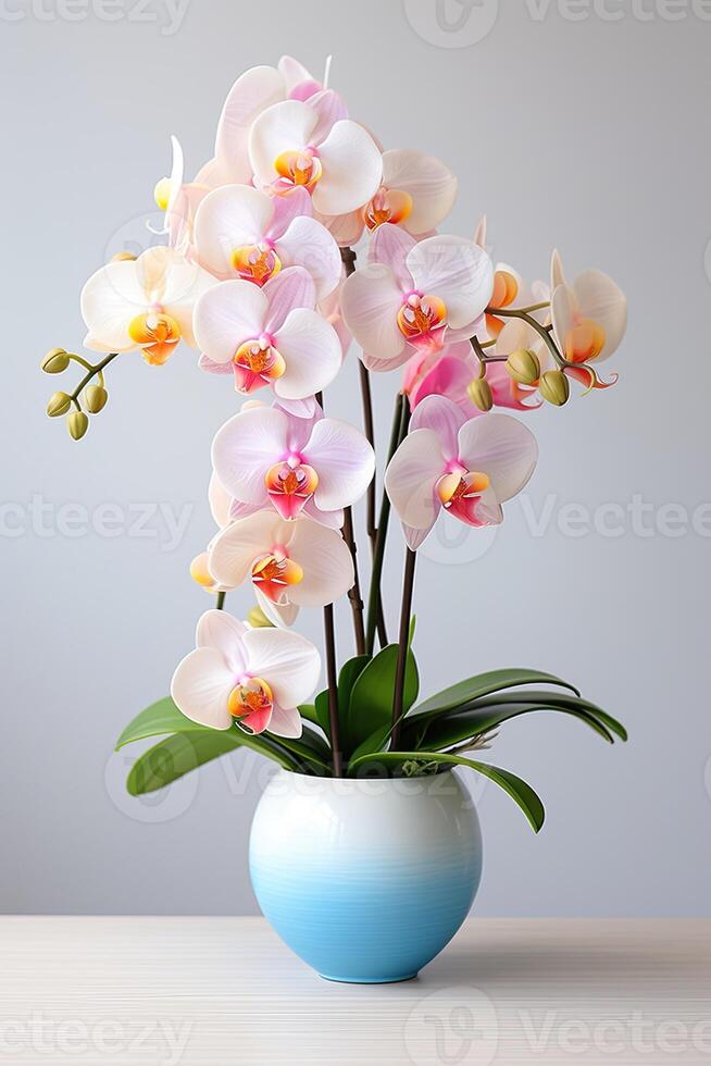 ai generato rosa orchidee nel un' pentola su un' tavolo foto