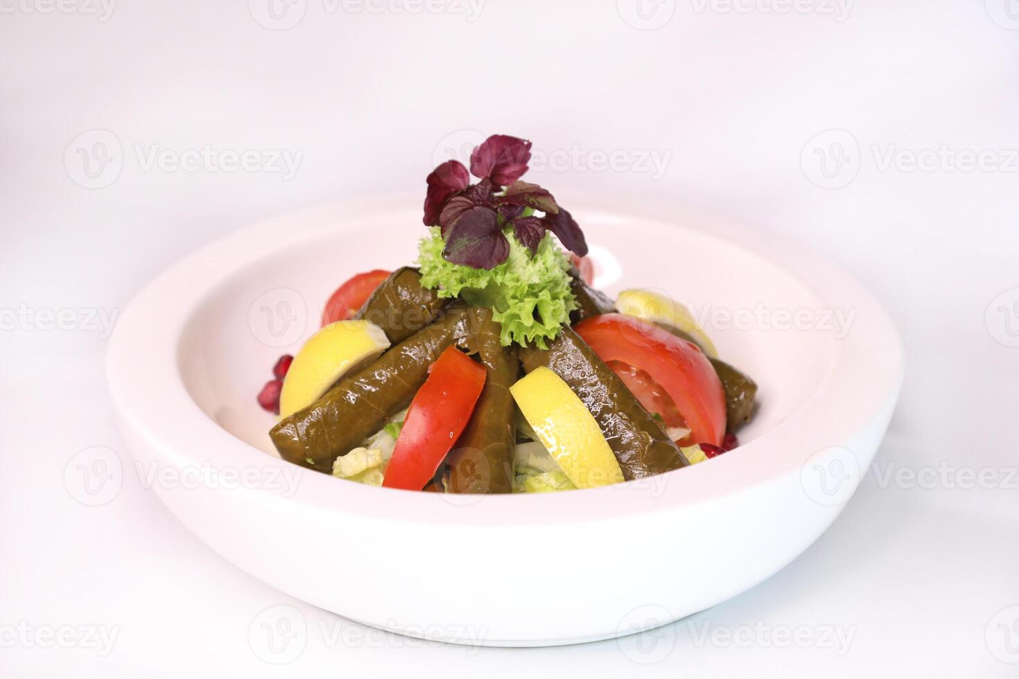 ripieno vite le foglie con Limone e pomodoro servito nel piatto isolato su sfondo lato Visualizza di arabo cibo foto
