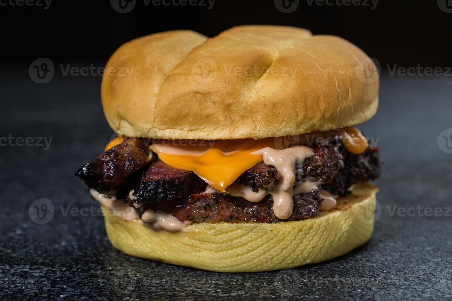 Manzo punta di petto Sandwich o hamburger con fuso formaggio e Maionese isolato su buio grigio sfondo lato Visualizza di veloce cibo Sandwich foto