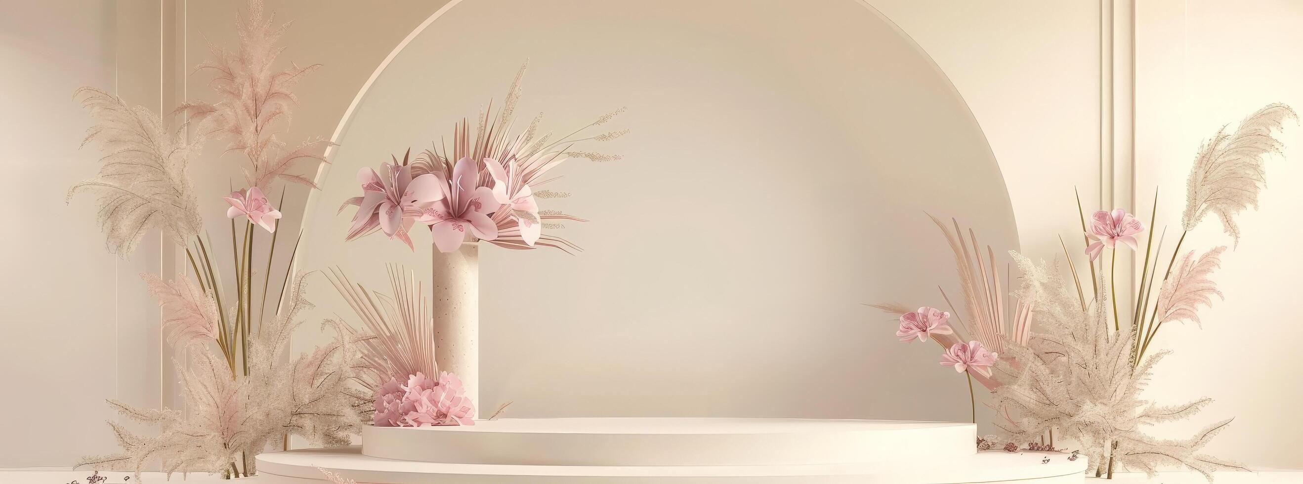 bianca palcoscenico con rosa fiori e palma alberi foto