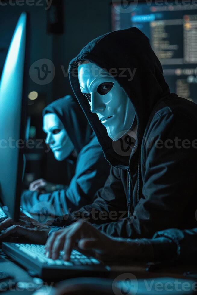 ai generato gli hacker indossare maschere e incappucciato giacche, copertura loro facce. essi siamo Lavorando su computer nel un' buio camera. foto