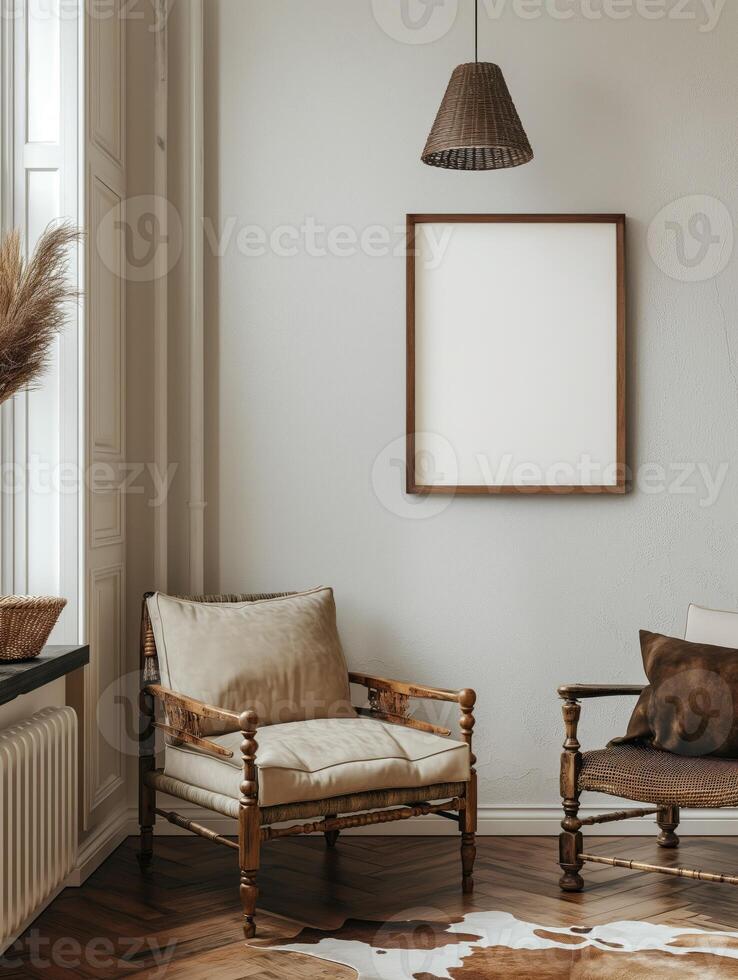 un' modello di un' vuoto piazza foto telaio sospeso nel il mezzo di parete con sudoccidentale, deserto, terroso decorazione.