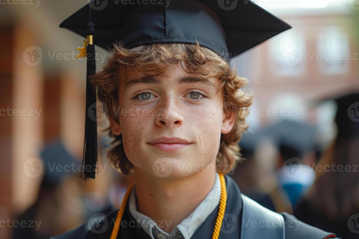 ai generato maschio diplomato celebra la laurea giorno a Università foto