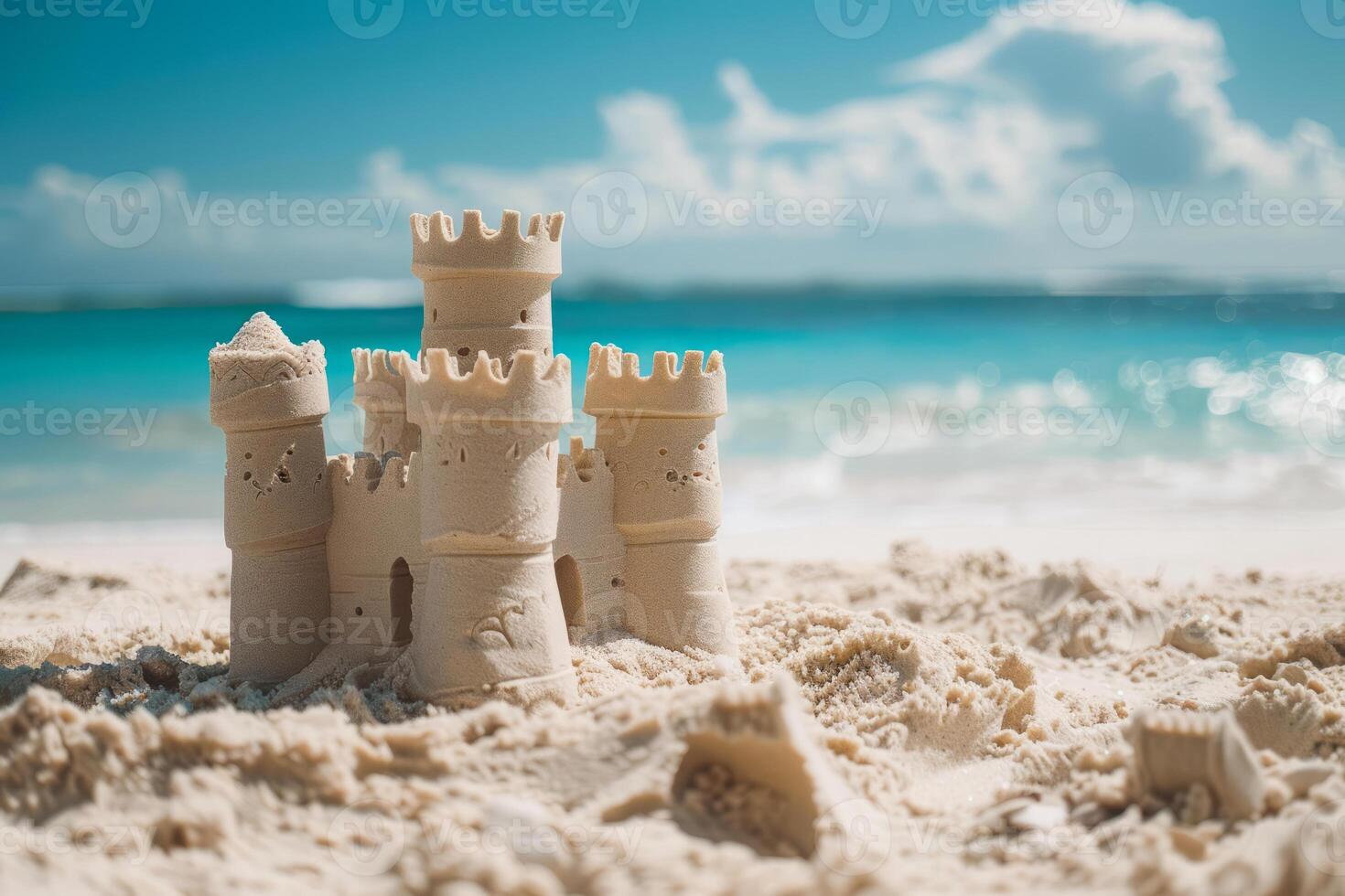 ai generato sabbia castello su soleggiato spiaggia foto