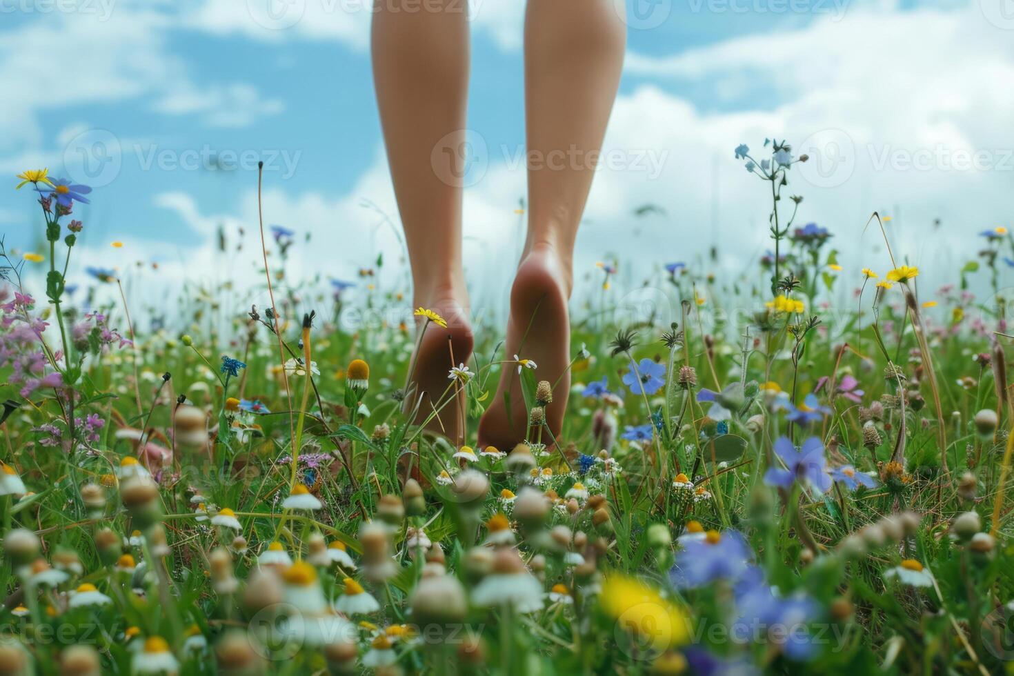 ai generato rilassato estate giorno con femmina gambe nel fioritura prato foto
