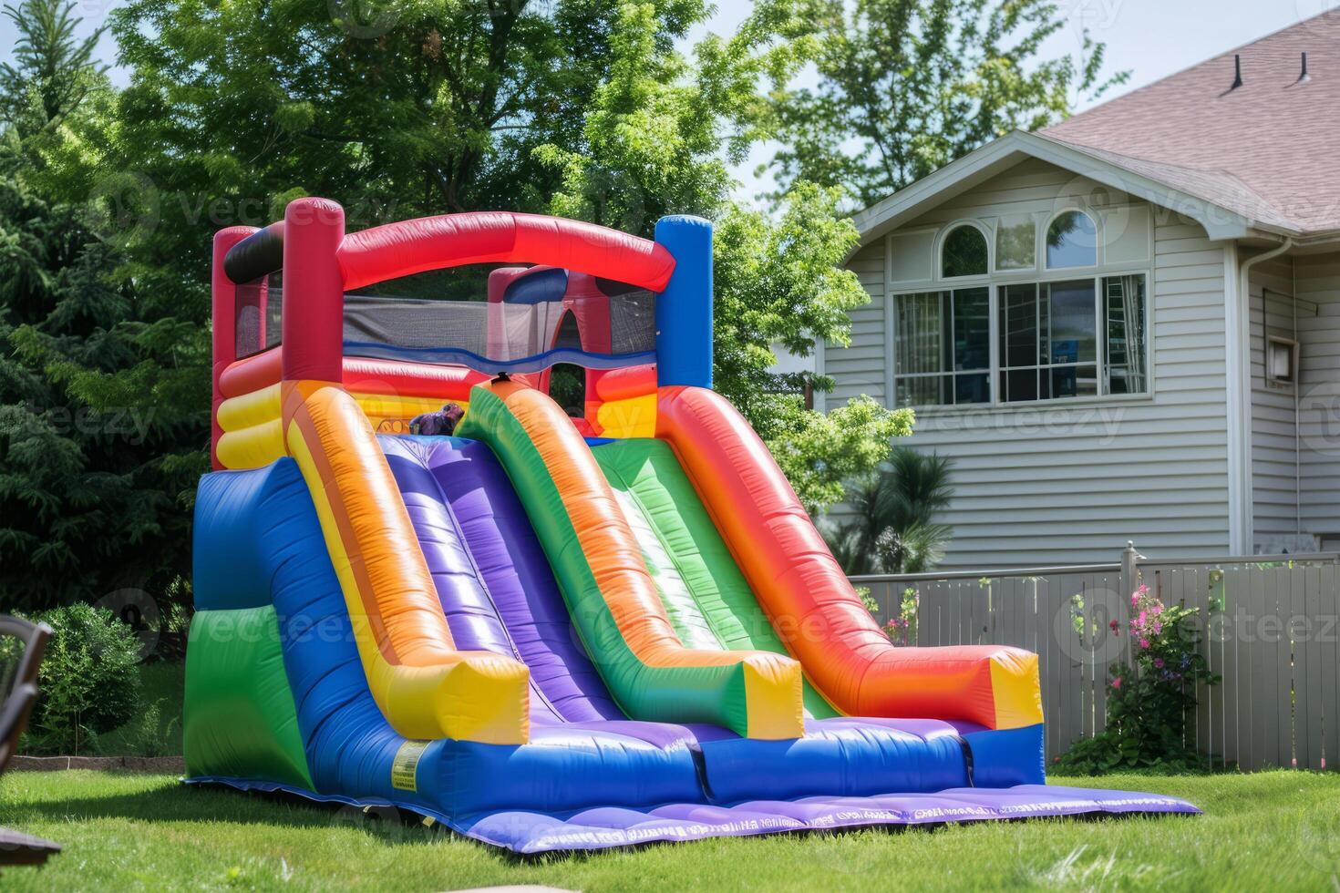 colorato rimbalzo diapositiva per bambini divertimento nel Giardino dietro la casa foto