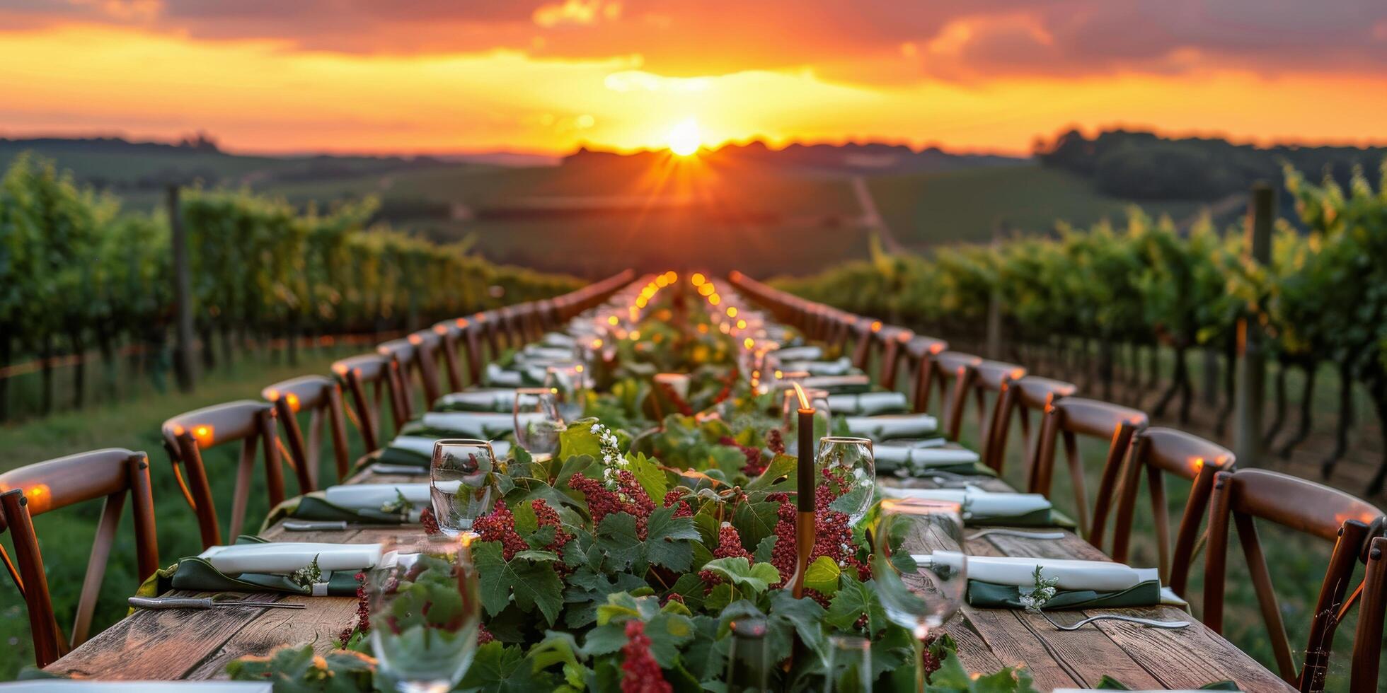 ai generato lungo tavolo impostato con posto impostazioni nel vigneto a tramonto foto