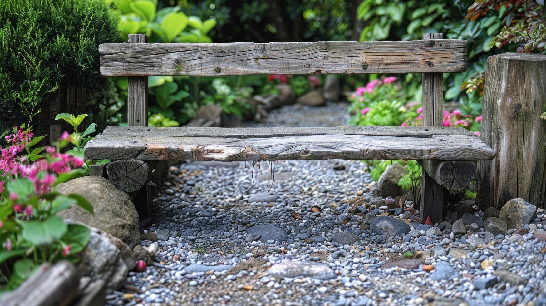 ai generato un' affascinante nazione giardino con un' rustico panca, invitante voi per sedersi e riflettere su maternità foto