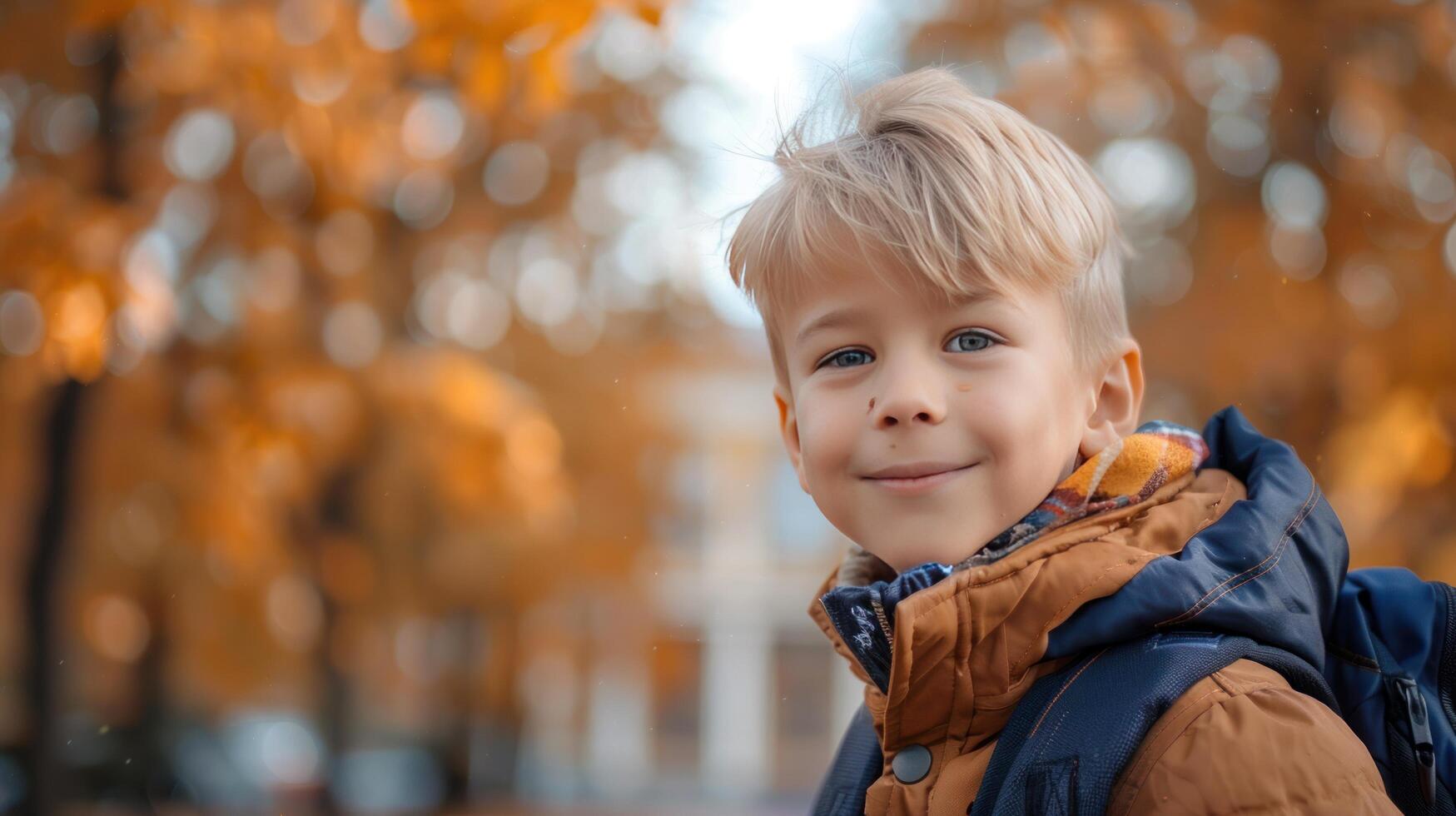 ai generato un otto anni biondo ragazzo, bello, passeggiate lungo un' largo strada per scuola. foto