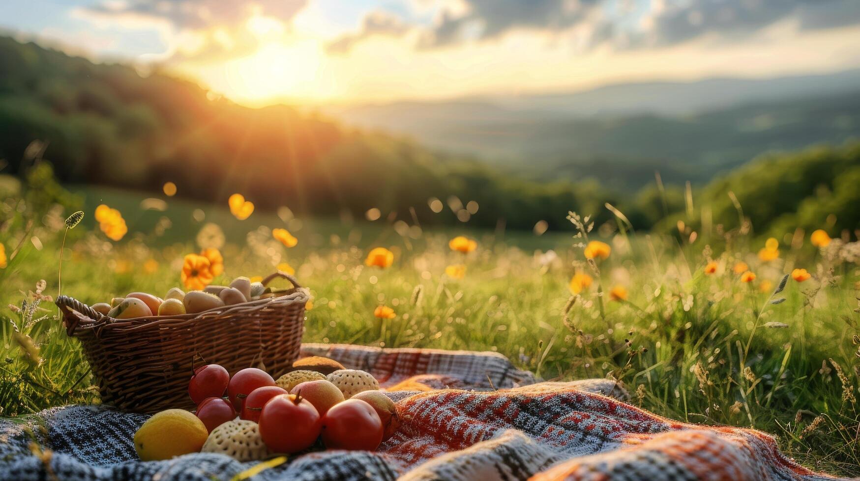 ai generato picnic coperta con frutta cestino foto