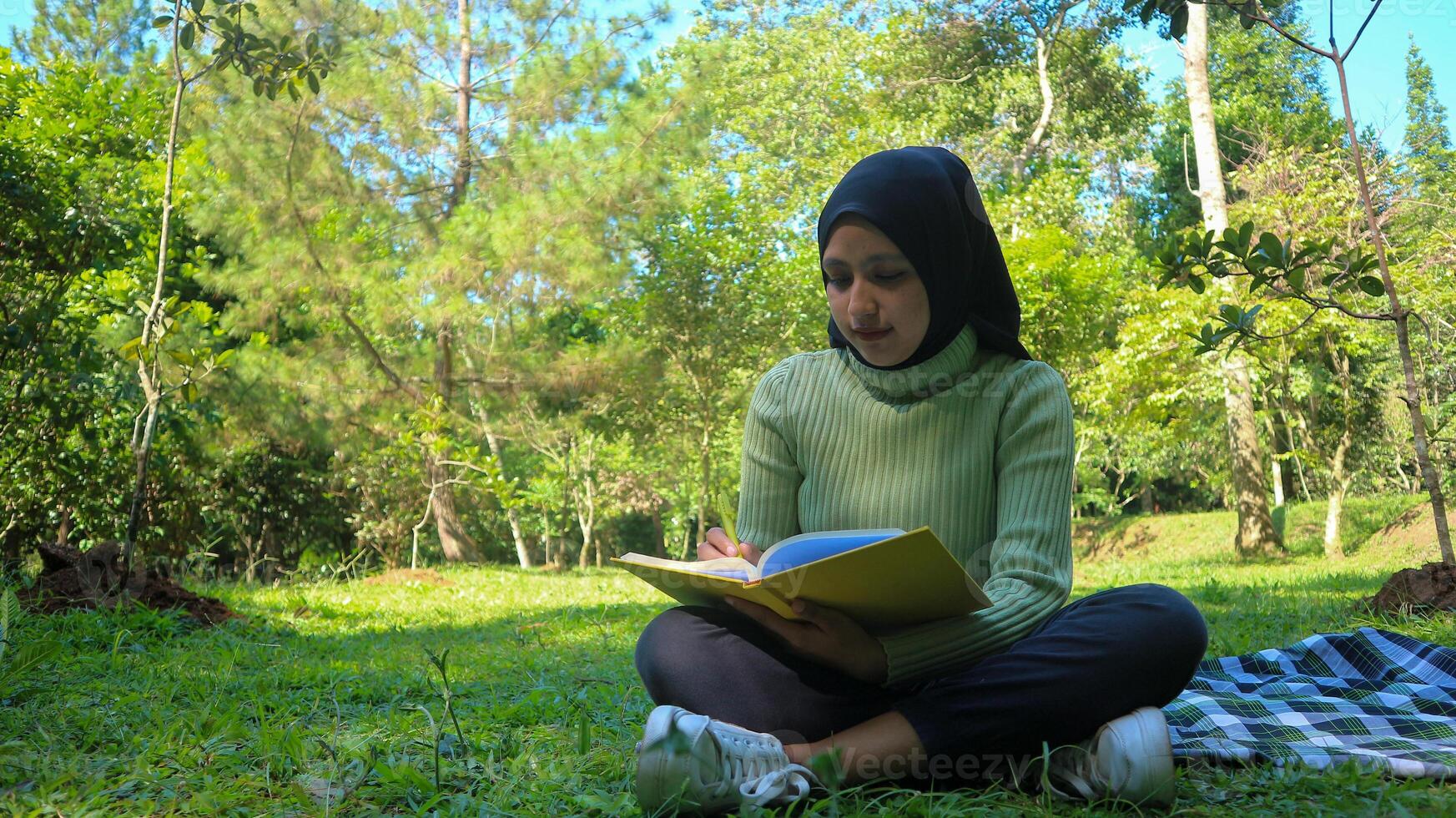 rilassato musulmano donna godendo fine settimana a parco, seduta su erba e scrittura prenotare, vuoto spazio foto