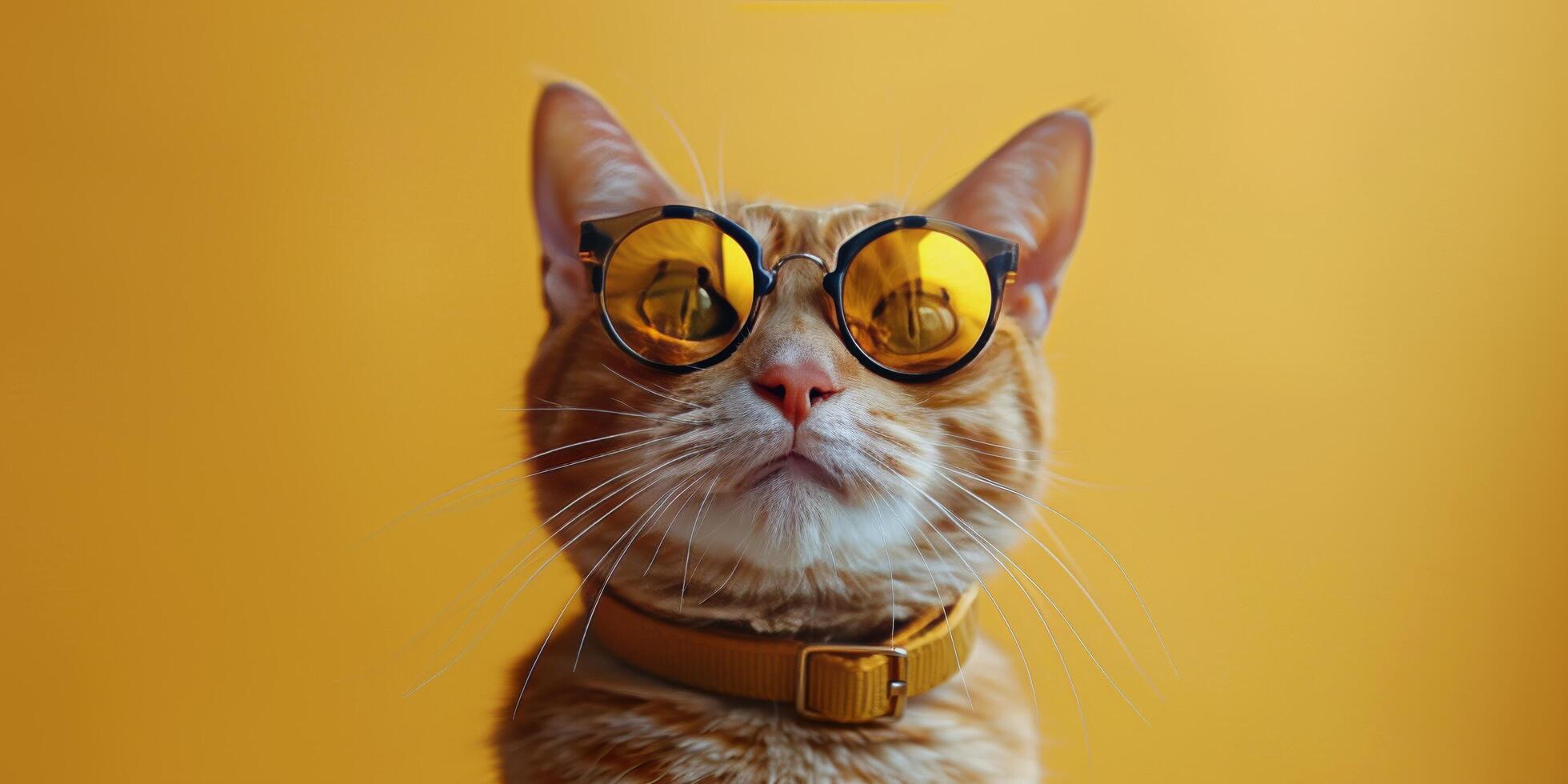 ai generato gatto indossare bicchieri su giallo sfondo foto