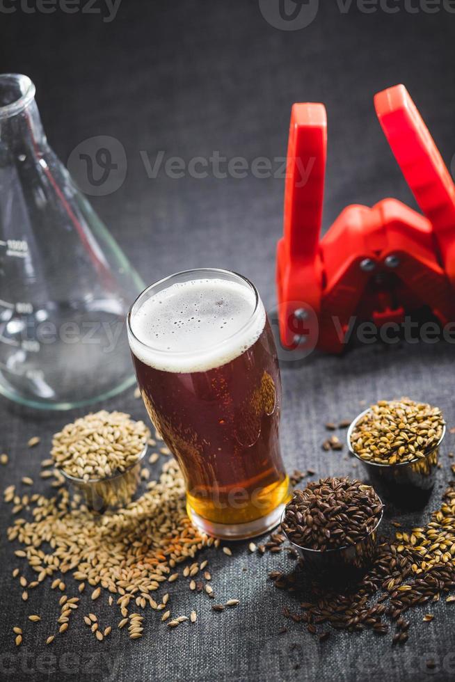 birra fatta in casa color miele, orzo diverso e attrezzature per la birra foto
