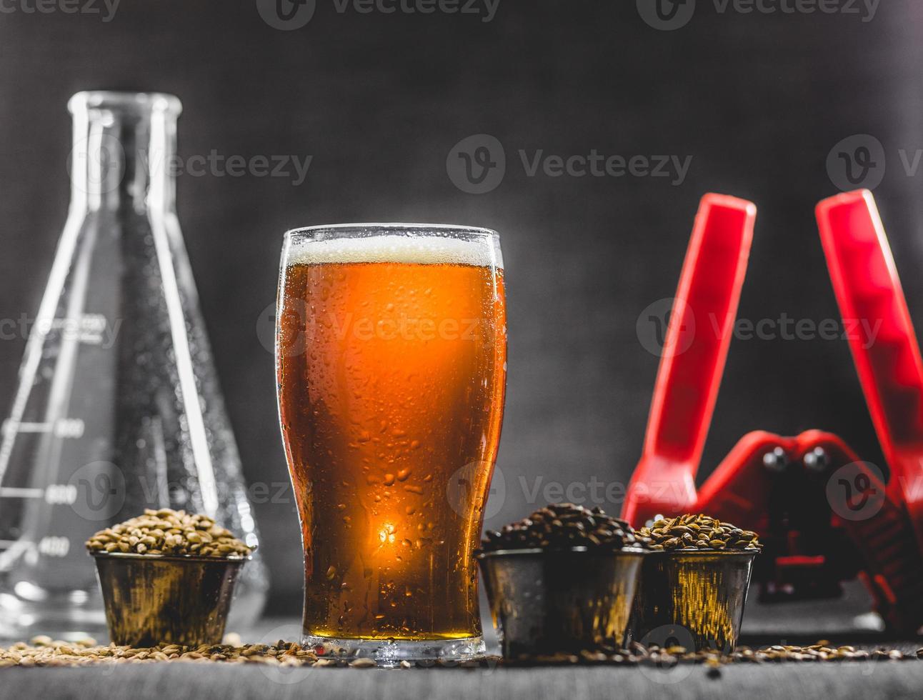 birra fatta in casa color miele, orzo diverso e attrezzature per la birra foto