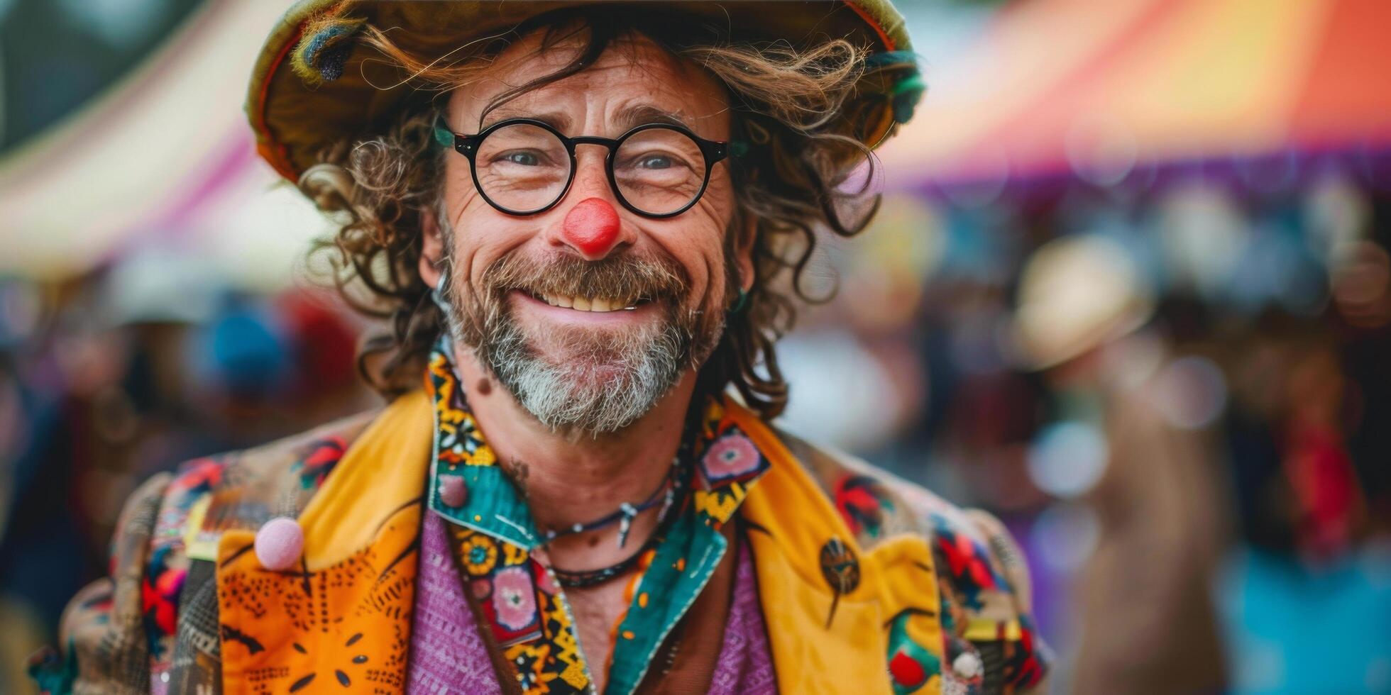 ai generato uomo con clown naso indossare cappello e bicchieri foto