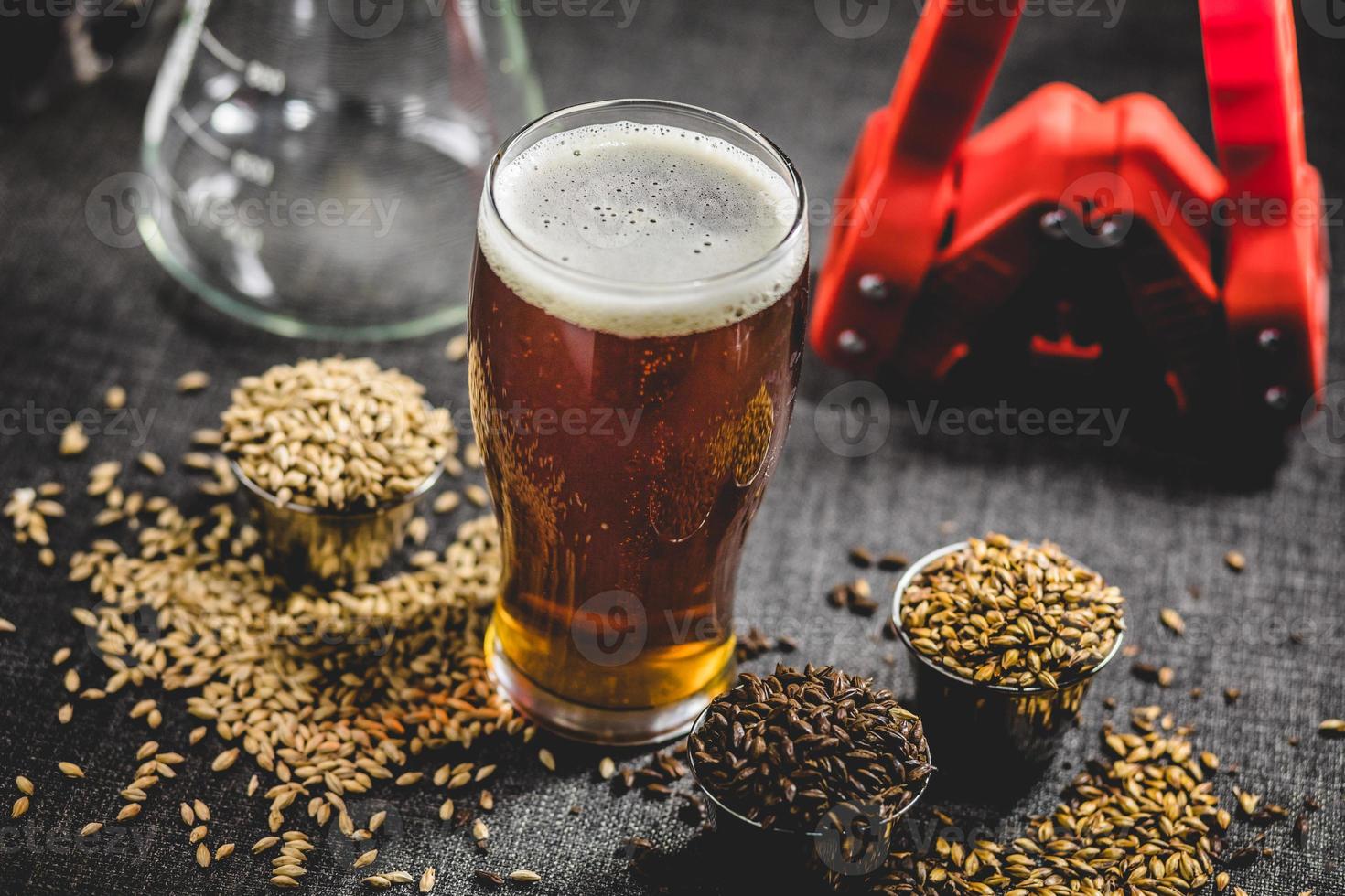 birra fatta in casa color miele, orzo diverso e attrezzature per la birra foto