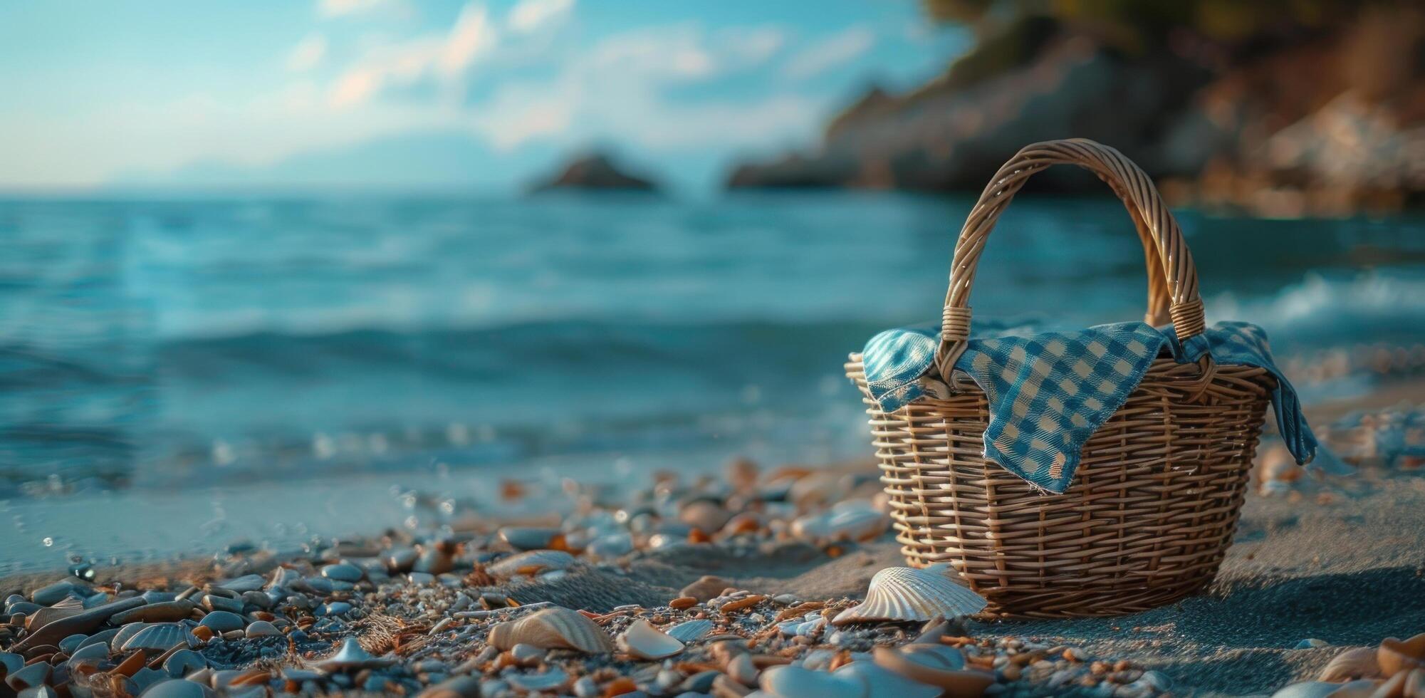 ai generato di vimini cestino su oceano spiaggia con scacchi avvolgere foto