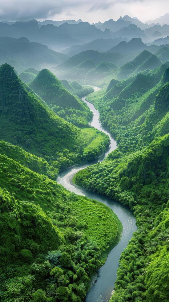 ai generato fiume fluente attraverso lussureggiante verde valle foto