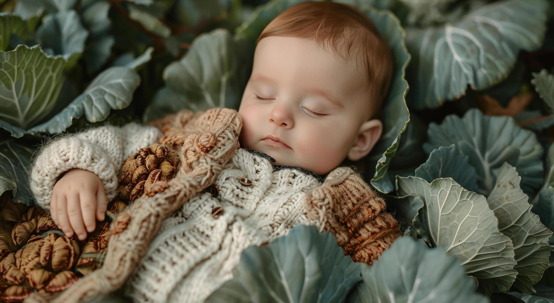 ai generato bambino addormentato nel coperta circondato di verde le foglie foto
