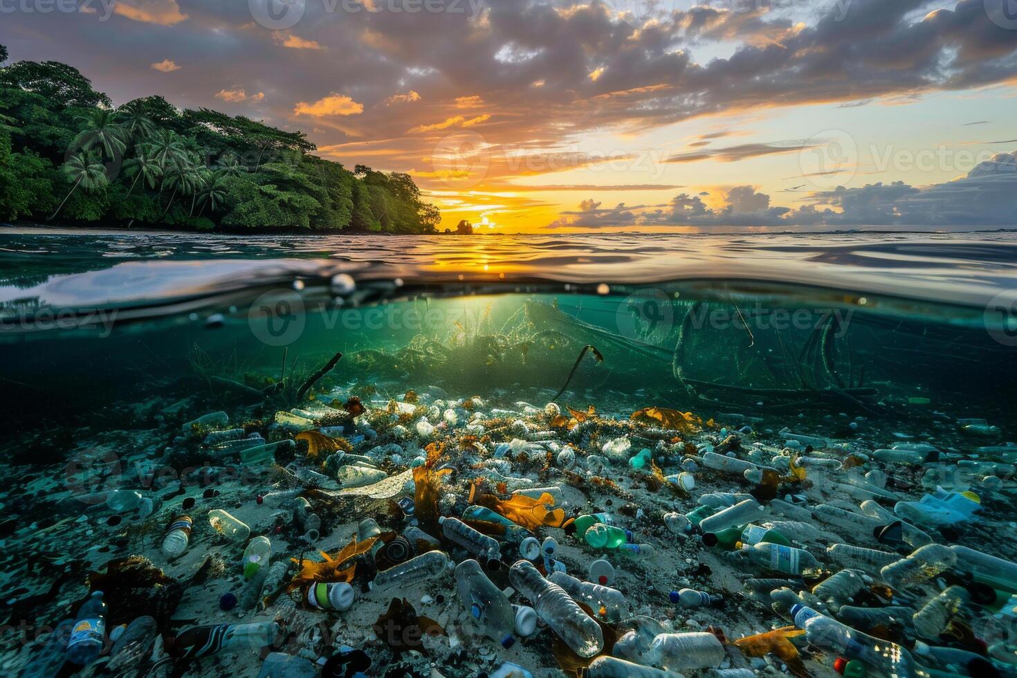 ai generato Diviso Visualizza di il oceano con plastica bottiglia inquinamento sopra e sotto acqua, mostrando ambientale urto a tramonto. foto