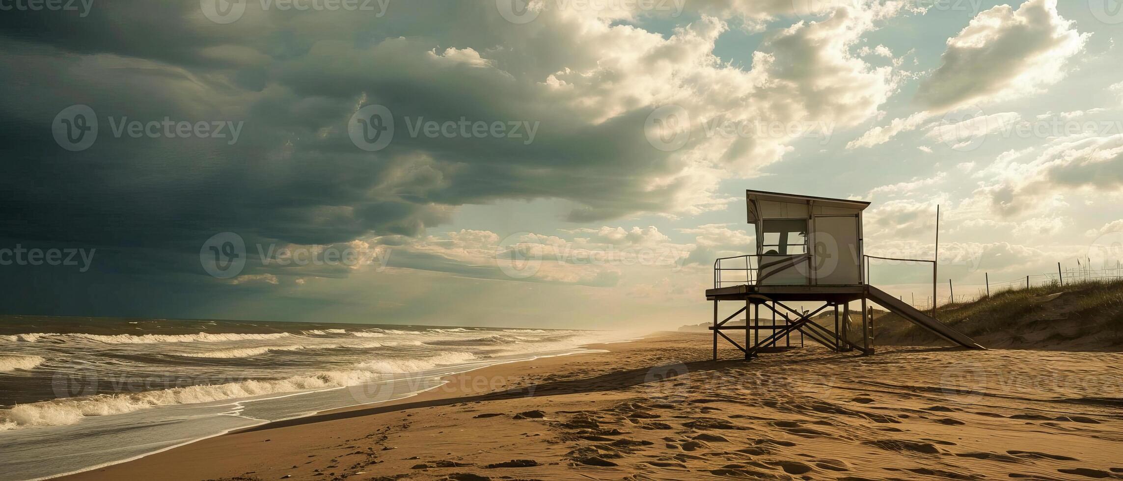 ai generato un' solitario Bagnino Torre sta guardia al di sopra di un' abbandonato spiaggia, con foto