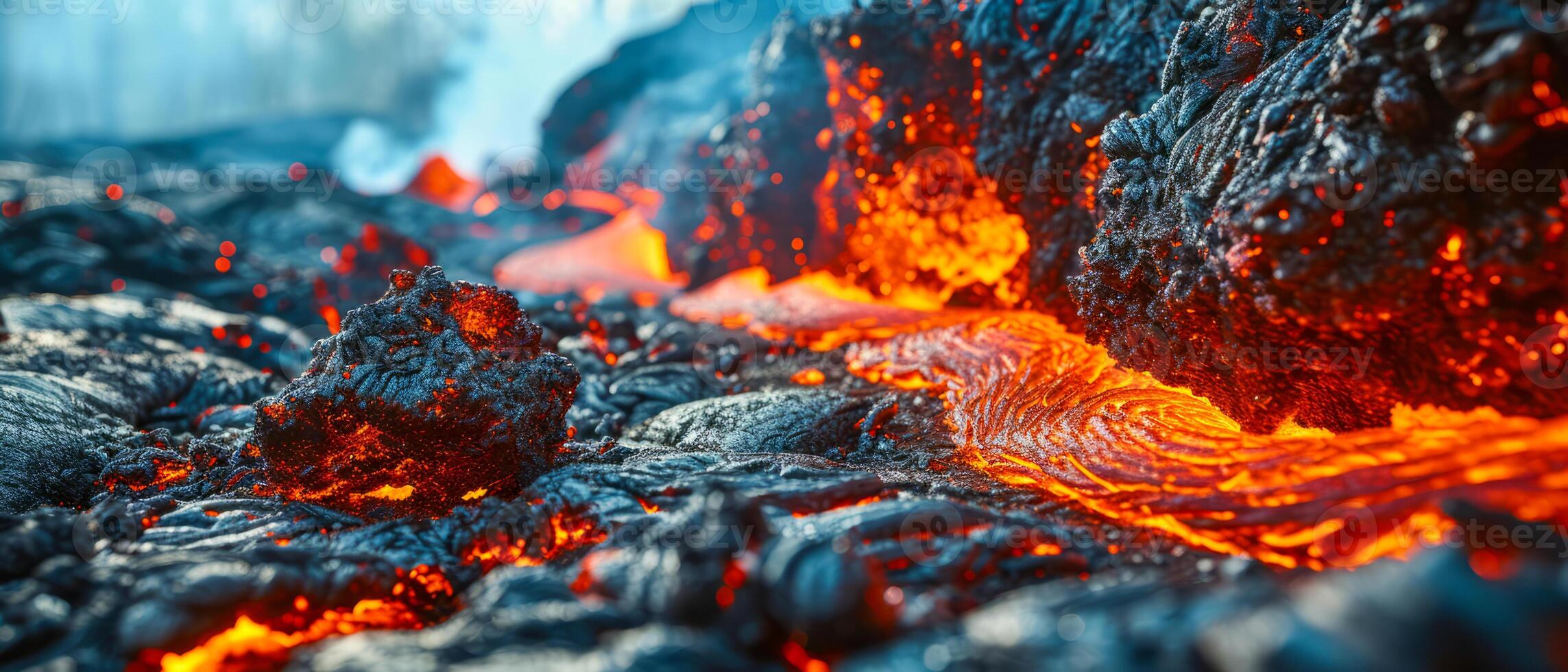 ai generato drammatico avvicinamento di raggiante fuso lava flusso contro un' attenuazione cielo, evidenziazione della natura crudo energia foto