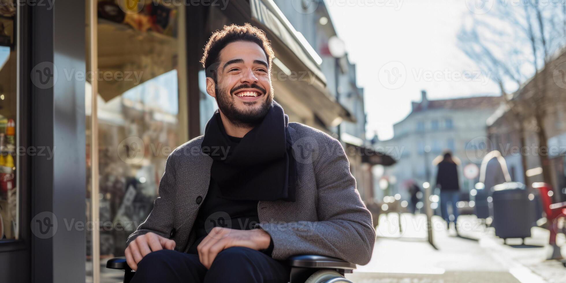 ai generato sorridente giovane uomo nel un' sedia a rotelle godendo il sole su un' vivace città strada, riflettendo gioia e accessibilità foto