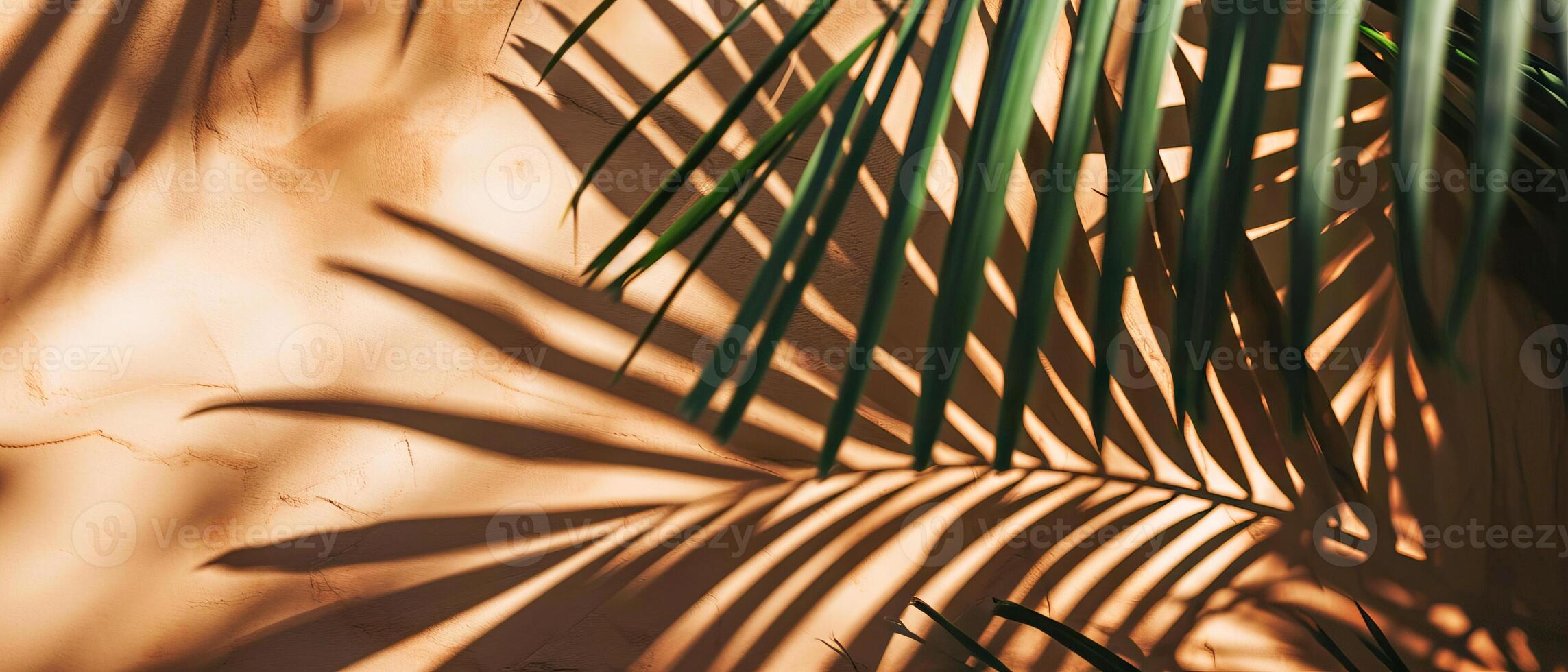 ai generato il interazione di leggero e ombra a partire dal tropicale palma le foglie crea un artistico modello su un' caldo, strutturato parete foto