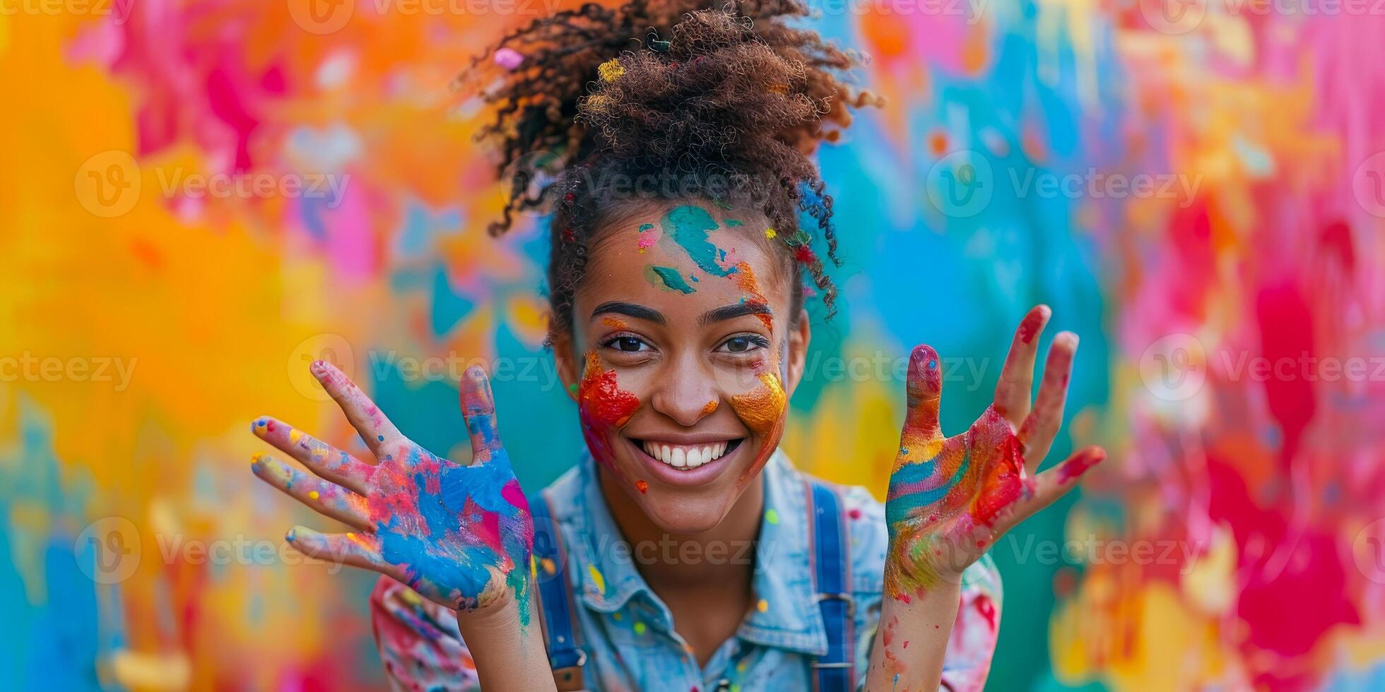 ai generato delizioso giovane ragazza con Riccio capelli e viso spalmato con vivace dipingere colori, sorridente brillantemente nel davanti di un' colorato fondale foto