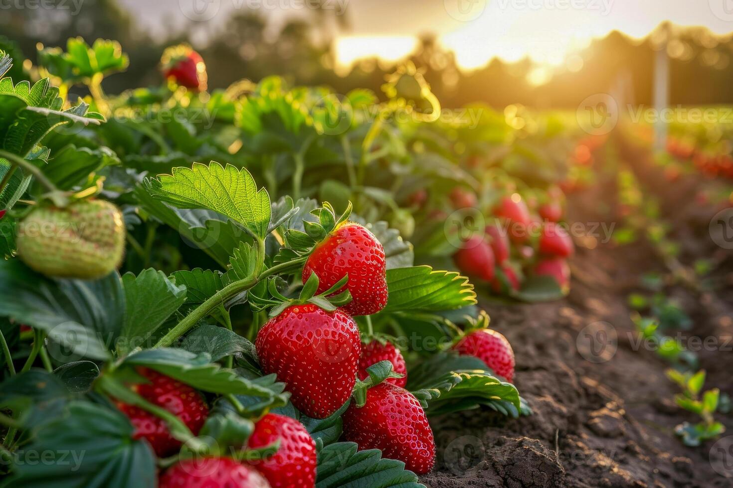 ai generato lussureggiante fragola impianti cuscinetto maturo frutta durante un' sereno tramonto, cattura il bellezza di sostenibile agricoltura foto