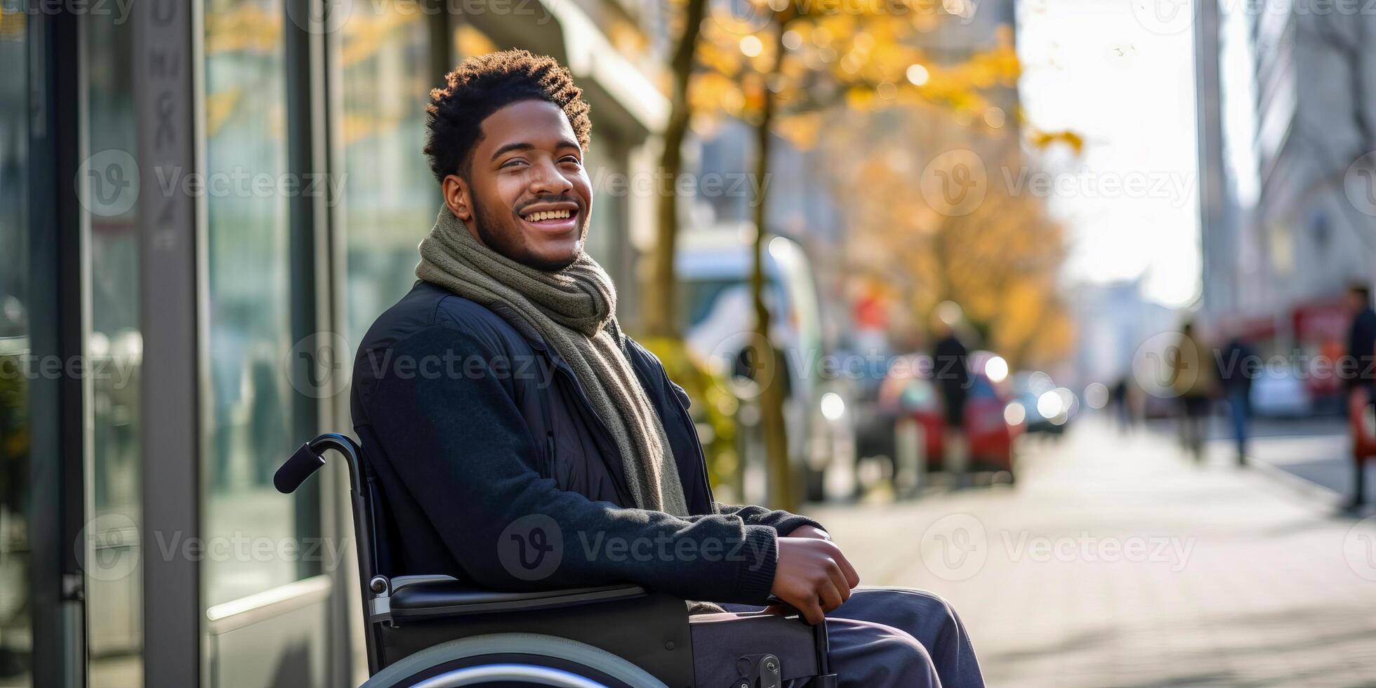 ai generato sorridente giovane uomo nel un' sedia a rotelle godendo il sole su un' vivace città strada, riflettendo gioia e accessibilità foto