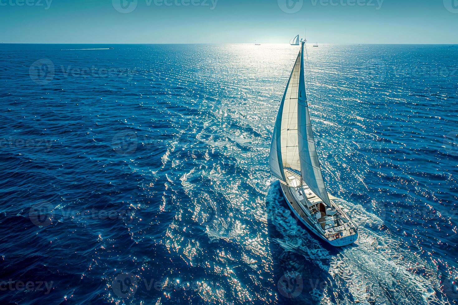 ai generato il serenità di il Aperto mare catturato attraverso il aereo Visualizza di un' moderno barca a vela, suo ondeggiante vele suggerendo a il brivido di oceano esplorazione foto