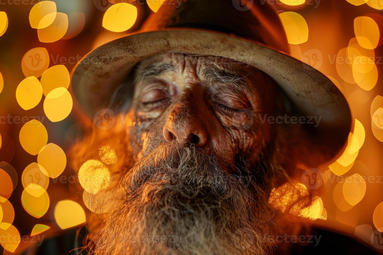 ai generato saggio vecchio uomo con un' fluente barba e un' solenne espressione, indossare un' cappello, preghiere con chiuso occhi contro un' fondale di d'oro bokeh luci foto