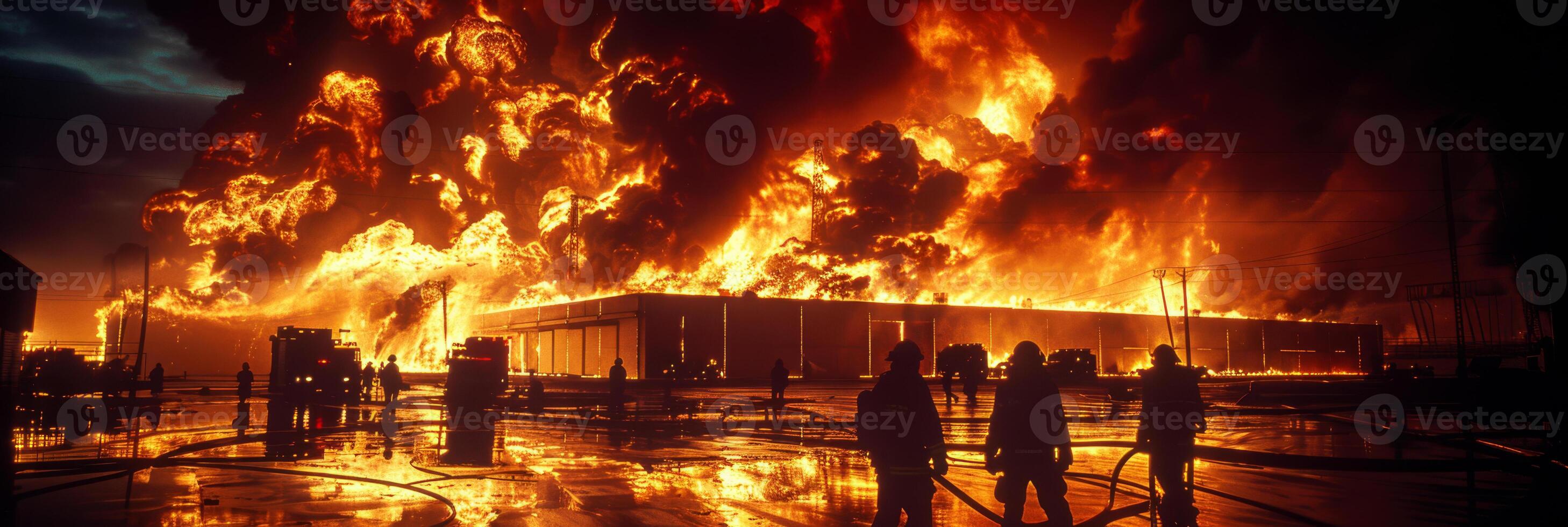 ai generato catastrofico industriale fiammata a notte con i vigili del fuoco nel silhouette foto