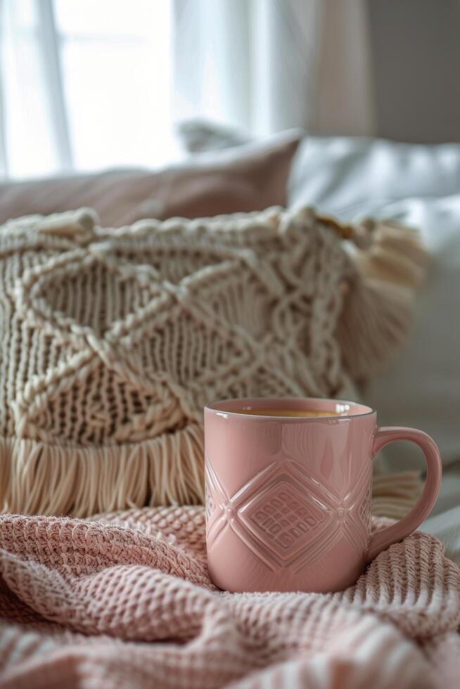 rosa caffè tazza su letto foto