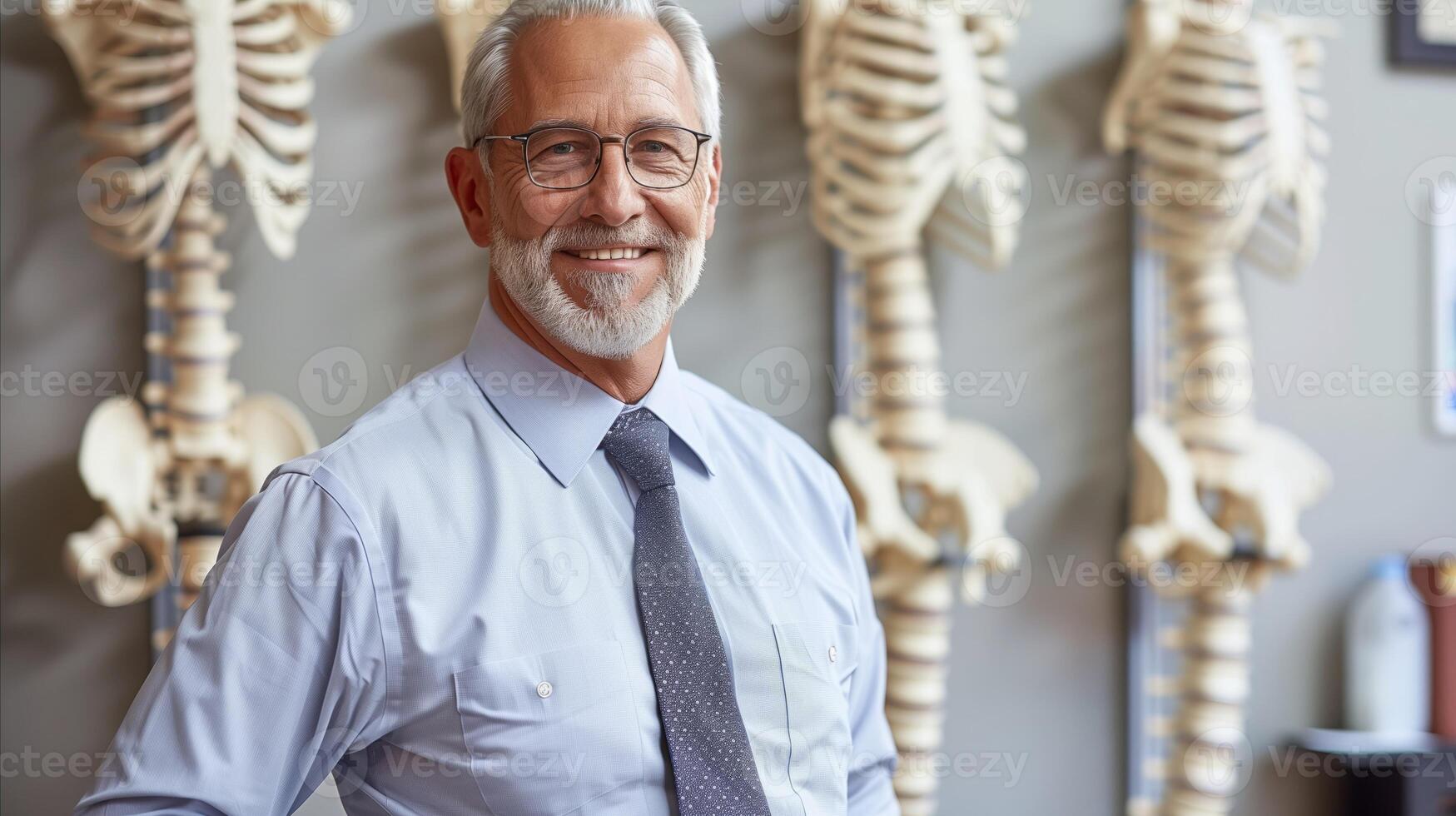 anziano professoressa sorridente nel anatomia aula con scheletro Modelli foto